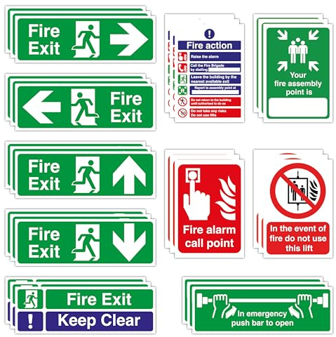 Lot de 30 autocollants pour sortie de secours : 3 x (droite, gauche, haut, flèche, bas, garder clair, action incendie, alarme et point de montage, en cas d'incendie, ne pas utiliser de levage, barre