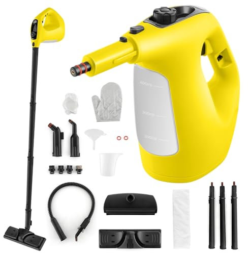 COSTWAY 1500W Pulitore a Vapore Portatile, Macchina a Vapore con Serbatoio d'Acqua da 400 ml Blocco per Bambini e Kit di Accessori da 14 Pezzi, 33x13x24,5 cm (Giallo)