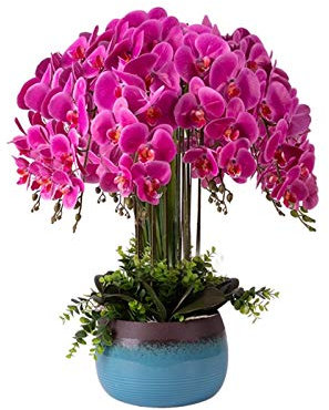 QTYQWC Künstliche Blume im Topf, künstliche Blumen mit Vase, Orchidee, Phalaenopsis, künstliche Blume in Vase, Tafelaufsatz für Esstisch, Wohnzimmer, lila Kunstpflanze, Blumenarrangement