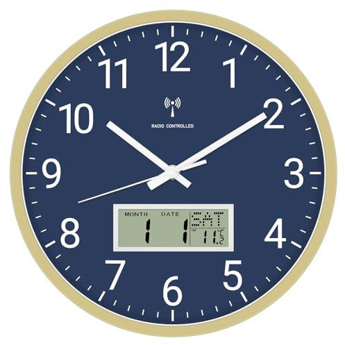 Foxtop Funk-Wanduhr Digital & Analog 30cm mit LCD-Anzeige – Digitale Funkuhr Wanduhr mit Temperatur, Datum, Wochentag Lautlose Küchenuhr für Wohnzimmer, Küche, Badezimmer