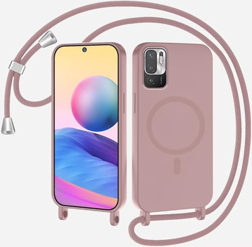 SLWYF Magnetische Handykette für Xiaomi Redmi Note 10 5G/Poco M3 Pro Hülle mit Band, Handyhülle Kompatibel mit MagSafe, Silikon Necklace Handyhülle mit Abnehmbar Kordel zum Umhängen Case - Sandpulver