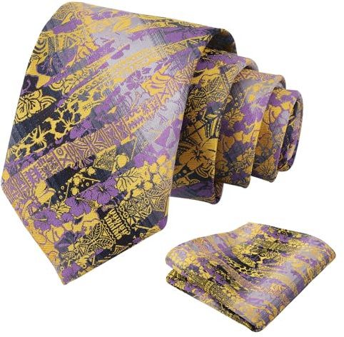 Alizeal Cravate colorée décontractée et carrée de poche pour homme, 147-Violet + Jaune, taille unique