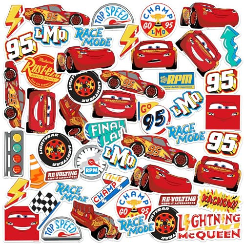 Cotton Soul Disney Cars Lightning McQueen Core 50 ct Vinyl Large Deluxe Stickers Variety Pack - Laptop, Water Bottle, Scrapbooking, Tablet, Skateboards, Indoor/Outdoor