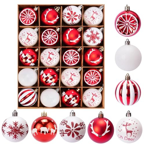 ZUSUZU Weihnachtskugeln Kunststoff Set Rot Weiß,20pc 6cm Kunststoff Christbaumkugeln,Weihnachtskugel mit Geschenkpaket,Weihnachtsbaumkugeln Set für Klassische Christbaumkugeln Deko Weihnachten