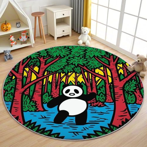 AevuCub Panda Teppich Rund 100cm Kurzflor - Waschbare Teppiche Wohnzimmer Kinder Cartoon Tiere - Runder Teppich 200 cm Durchmesser Kinderzimmer - Bettvorleger Schlafzimmer rutschfest Weich