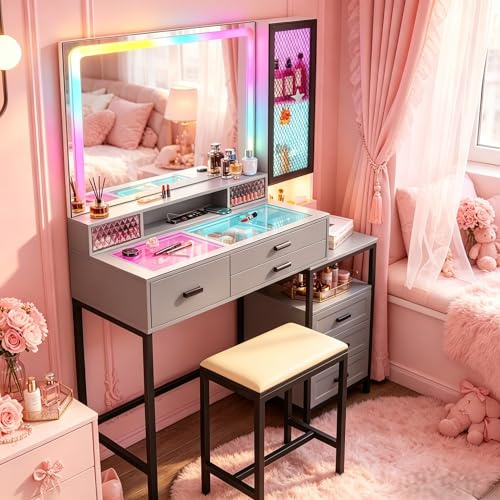 Gurexl Schminktisch mit RGB LED Beleuchtung und Hocker,Glasplatte Schminktisch mit ladefunktion und 6 Schubladen, Gitterdekoration,Intelligente Sensorik,für Umkleidekabine,Mädchen,Geschenk,Schwarz