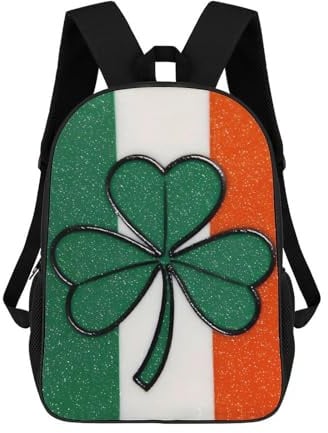 KWQDOZF Klassischer 17-Zoll-Rucksack mit irischer Flagge und vierblättrigem Kleeblatt, ideal für Reisen, Tagesausflüge und Freizeit. Mit verstellbarem Gurt für Damen und Herren.