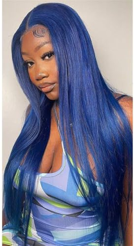 Lace Frontal Wig, Blue Straight Hair, 100% Virgin Human Hair, Supports Perming And Dyeing (Blue,24 Inch)