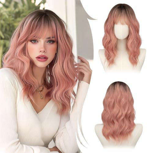 RUWISS Ombre Rosa Lange Gewellte Perücke mit Pony für Damen, 20 Zoll Layered Perücke Damen, Natürlich Synthetisch Hitzebeständig Wigs für Alltag Party Cosplay Halloween