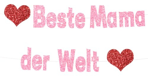 Muttertag Dekoration, Beste Mama der Welt Glitzer Banner, Hängende Deko Girlande mit Herz Papierbanner, Fotohintergrund für Muttertag und Mama Geburtstag Party(Golden) (Roségold)