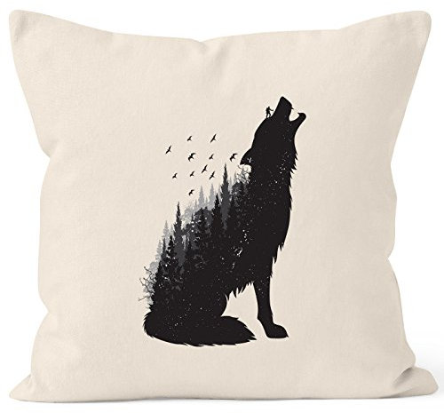 MoonWorks Kissenbezug Wolf Wild Life Kissen-Hülle Deko-Kissen 40x40 Baumwolle Natur 40cm x 40cm