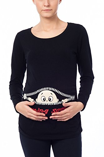 M.M.C. Umstandsshirt Langarm Damen mit Coming-Soon-Motiv – Umstandsmode T-Shirt für die Schwangerschaft, mitwachsende Raffung, 95% Baumwolle, S bis XL