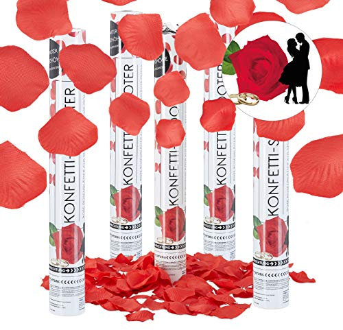 Relaxdays 5er Set Party Popper 40 cm Rosenblätter, rote Rosen, bis 8 m Effekthöhe, für Hochzeit und Verlobung, Konfettiregen, rot
