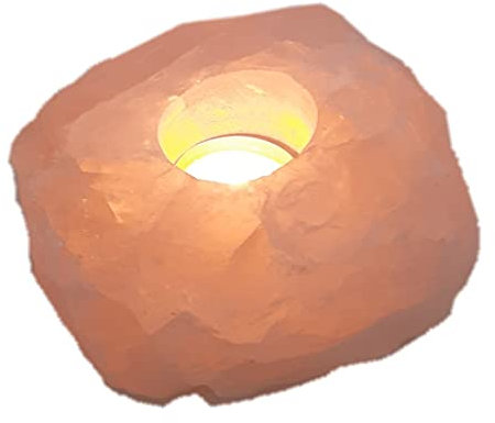 Rosenquarz Teelichthalter | Edelstein Teelicht Rosa Quarz| Naturbelassener rosa Kristall Stein beleuchtet mit Einer Teelichtkerze