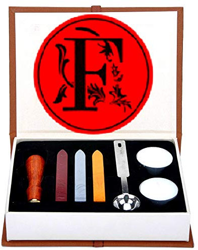 Buchstaben-Wachs-Siegel-Stempel-Set, ANBOSE Alphabet Wachs-Siegel-Stempel-Kit einschließlich 1Pcs Holzgriff Kupfer-Siegel, 3Pcs Wachs-Siegel-Sticks, 1Pcs Schmelzlöffel und 2Pcs weiße Kerzen(F)