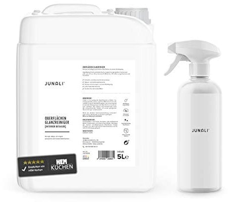 JUNALI® Oberflächen Glanzreiniger, Pflege für Hochglanz Küchen, antistatisch mit Perl Effekt, Sprühversiegelung für Naturstein, Chrom, Glas, Kunststoff, lackierte Holzmöbel (2,5 L)