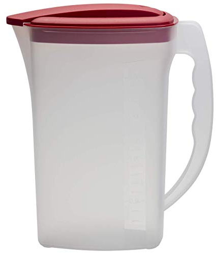 Engelland - 1 x Getränkekrug mit Deckel, Rot-Transparent, für Saft, Wasser, Eistee, Softdrinks, Kanne, Behälter, Kühlschrankkrug, Multifunktionsbox, 2 Liter, Füllskala, BPA-frei, Kunststoff