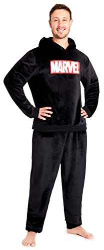 Marvel Pigiama Uomo Pile - Pigiama da Uomo Invernale con Cappuccio(Nero, 2XL)