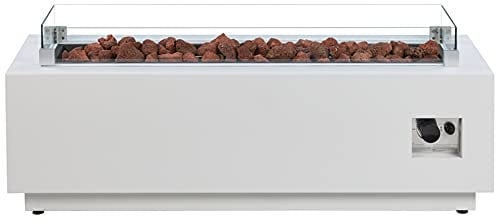 intergrill Gas-Feuerstelle | 122 x 38 x 38 cm | Fire Pit Outdoor Feuertisch mit Glas-Windschutz und Lavasteinen | Weiß für Garten Terrasse Balkon