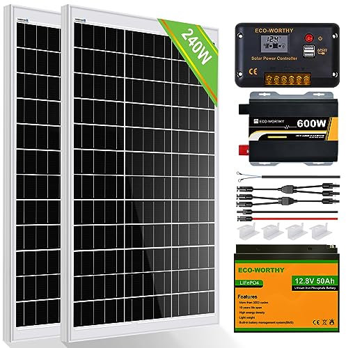 ECO-WORTHY 240W 12V Solar Panel System 1kWh/Day Off Grid Kit for Home RV Motorhome Shed Emergency Power Supply: 2pcs 120W Solar Panels+50Ah Lithium Battery+30A Charge Controller+600W Inverter