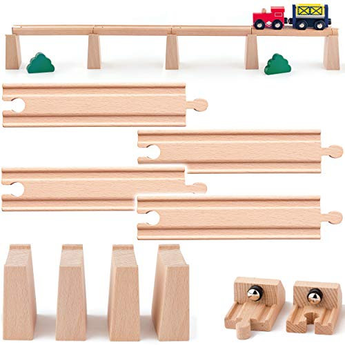 Set: 4 Brückenpfeiler & 2 Magnet Endstücke/Sperren + 4 gerade Lange Schienen - Holz - für Eisenbahn/Holzeisenbahn - passend für alle Schienen-Systeme & St..