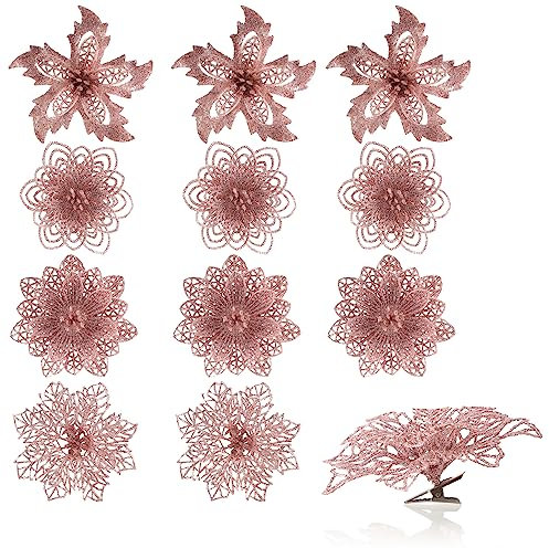 com-four® 12x Deko-Blume mit Clip - glitzernde Blüten zum Anklemmen - Blumenstecker als Raumdeko für Weihnachten und Valentinstag - [Auswahl variiert]