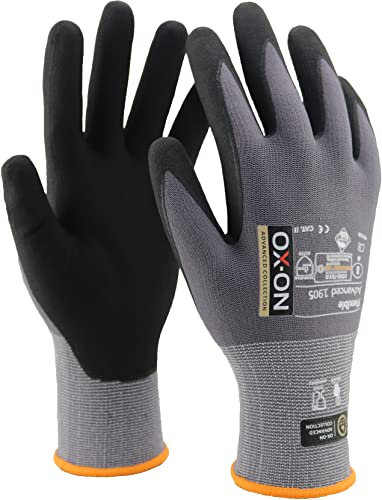 OX-ON Flexible Advanced 1905 Grey Work Gloves, Extremely Durable Safety Gloves, Secure & Precise Grip, Protective & Comfortable Nitrile Gloves, Phone Touch, Breathable Mechanic Gloves -6pairs,Size 9/L