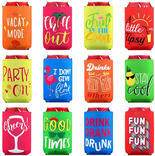 Tatuo 12 Packs Scalloped Can Cooler Sleeve Funny Beer Can Cooler Covers Beach Themed Beer Sleeve Insulated Neoprene for Beverages Bottles(Classic Colors,3.94 x 5 Inch)