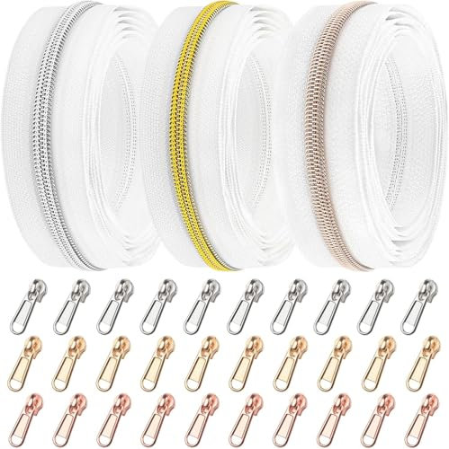DOITEM 15 m endlos Reißverschluss Meterware Beige Reissverschluss 6mm-Spirale + 30 Nonlock-Zipper (Rosarot Gold Silber)