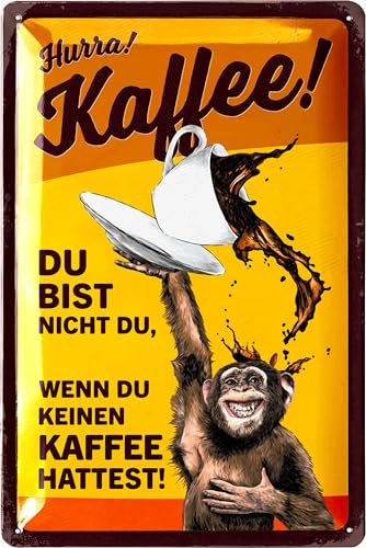 LANOLU Retro Blechschild Kaffee - Kaffee Schild HURRA KAFFEE! - Retro Blechschilder Küche - Kaffee Geschenk, Poster Kaffee Deko Küche als Coffee Bar Schild - Metallschild Küche, 20x30 cm