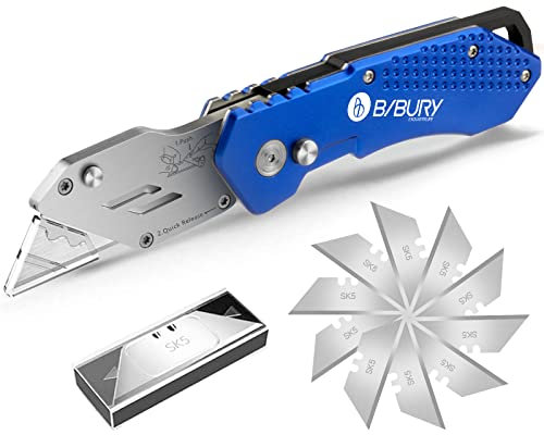 BIBURY Taglierino Professionale,Taglierino Pieghevole in Acciaio Inox con 10 Lame Taglierino,Cutter Professionale con Maniglia Antiscivolo e Design del Blocco di Sicurezza,Taglierino Piccolo - Blu
