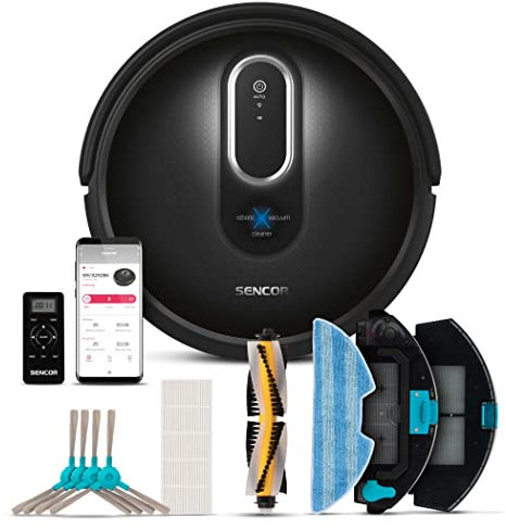 SENCOR robot aspirapolvere lavapavimenti con mappatura, 6 modalità di pulizia, Aspirapolvere Robot Wifi con Applicazione, Pianificazione Intelligente, anti-caduta e anti-ostacoli, 120 minuti.