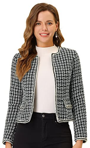 Allegra K Damen Plaid Tweed Blazer Anzug Blazer Langarm Open Front Arbeit Büro Kurze Jacke, Schwarz , 44
