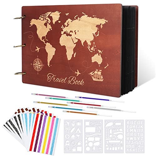 Travel Scrapbooking-Fotoalbum aus Holz 100 Seiten, DIY Selbstgestalten Scrapbook Alben mit Zubehör, Weltkarte Sammelalbum Reise Foto, Geschenk Scrapbooking Foto für Geburtstags Reisetagebuch, Jubiläum