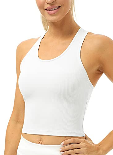 icyzone Damen Sport Top mit Integriertem BH, Yoga Cropped Shirt Geripptes Racerback Gym Tank Top (L, White)