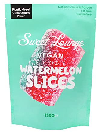 Sweet Lounge Watermelon Slices Pouch | 1x 130g Pouch | Plastic free compostable packaging. Natural Colours & Flavours | Gluten-Free. Vegan. Share Bags (Fizzy Vegan Fizzy Watermelon Slices)