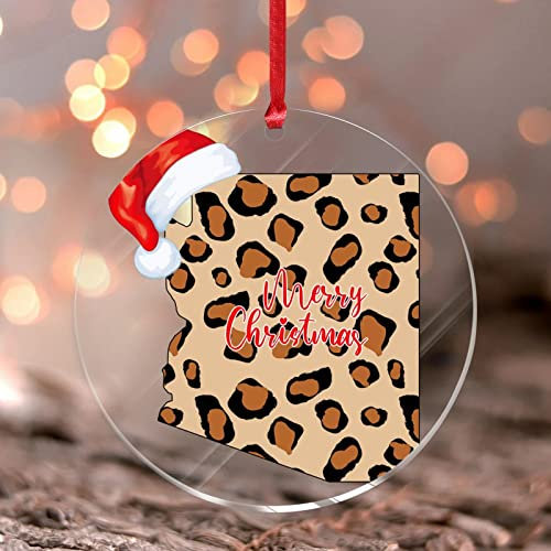 Arizona Xmas Ornament Leopard Gepard Print Runder Weihnachtsbaum Ornament Amerika Staat Karte Weihnachtsmütze Acryl Weihnachtskugel für Weihnachtsbaumschmuck