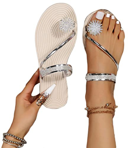 ticticlily Femmes Sandales Plates Été Confort Plage Brillant Strass Bout Ouvert Chaussures Casual Pantoufles Sandals