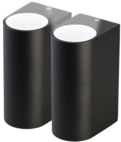 Lunartec Fassadenlampen: 2er-Set Runde Up-/Down-Wandleuchte, GU10-Fassungen, IP44, Alu, schwarz (Wandleuchten Badezimmer, Wandlampen modern)