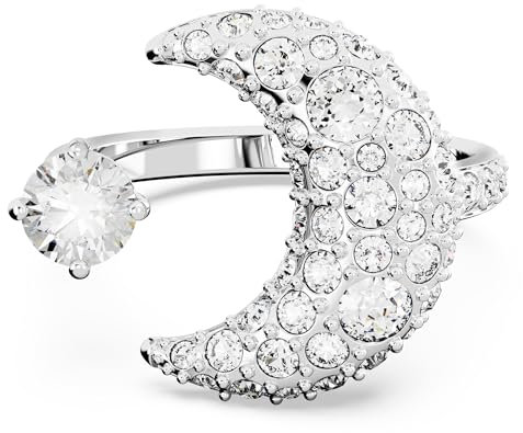 Swarovski Sublima Offener Ring, Weißer und Rhodinierter Damenring mit Mond-Motiv und Edlen Swarovski Kristallen