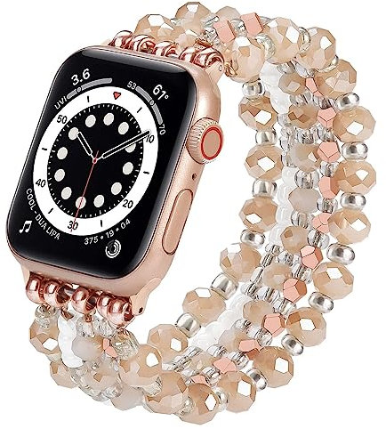 VISOOM Armband Kompatibel mit Apple Watch Armband 38mm/40mm/41mm Glitzer Schmuck Perlen Elastisch Ersatz iWatch Armband für Series 8/7/SE/6/5/4/3/2/1 Damen,Perl-Khaki