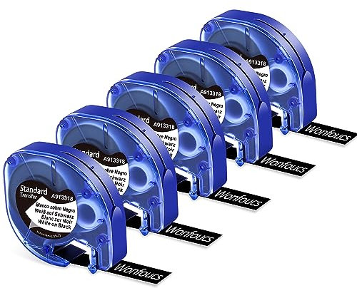 5x schwarz Bänder Ersatz für Dymo LetraTag Etikettenband 12mm x 4m Weiß auf Schwarz 913318 kompatibel mit Dymo Beschriftungsgerät LT-100H LT-100T 200B XR