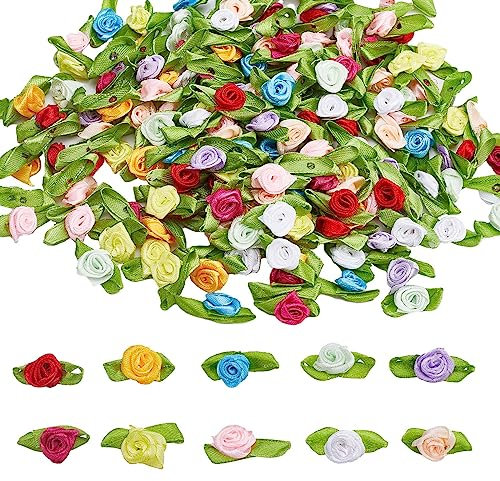 GORGECRAFT 200Stk 10 Farben Mini-Bandrosen Zum Basteln Künstliche Stoffblumen Mit Grünen Blättern Rosetten Kleine Blumen Satinbänder Verzierungen Applikation Nähen Schleifen Hochzeit Valentinstag