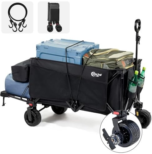 PORTAL Bollerwagen faltbar XXXL 300L größe Reifen 17x10cm mit Bremse Getränkehalter Seitentasche Faltwagen klappbarer Transportwagen für Alle Gelände Camping Strand Einkaufen