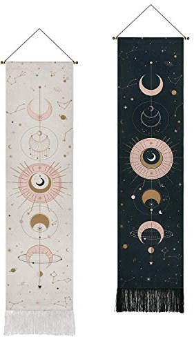 VIONNPPT 2er-Set Tarot Mondphasen Wandbehang,130x32.5cm, Indisch Boho Wandteppich Wandtuch, Abstrakte Hippie Tapisserie Wandkunst für Wohnzimmer Schlafzimmer (Schwarz und Beige)