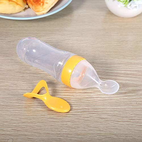 1Pc 90mL Silicone Baby Toddler Feeding Bottle with SpoonFood Cereal Squeeze Feeder (Yellow)