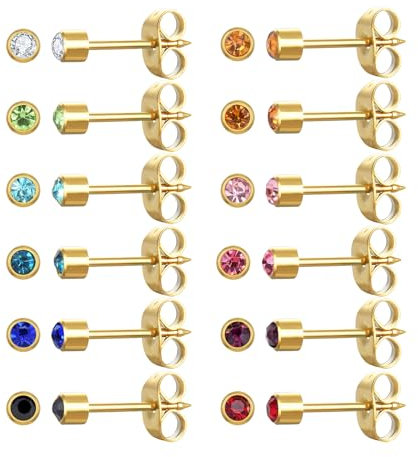 JMFENFA Lot de 12 paires de boucles d'oreilles en acier inoxydable chirurgical plaqué or avec pierre de naissance multicolore et zircone cubique pour piercing d'oreille, Acier inoxydable