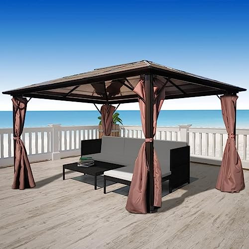 ARKEM Pavillon mit Vorhängen Braun Aluminium 400 x 300 cm Pavillon Mit Festem Dach Grillpavillon