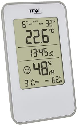 TFA Dostmann Digitales Thermo-Hygrometer, 30.5057, für Innen, Luftfeuchtigkeitsmesser mit Raumthermometer, zur Schimmelvermeidung, für Wohnzimmer, Garage, Schlafzimmer geeignet, 72 x16x120 mm, weiß