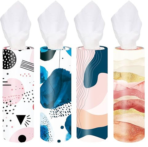 VIYNRAN 4-Pack Car Tissue Cylinders - Modern Trendy Abstract Art Patterns, Fits Cup Holders, Travel Tissue Tubes with Facial Tissues (Abstract Design)